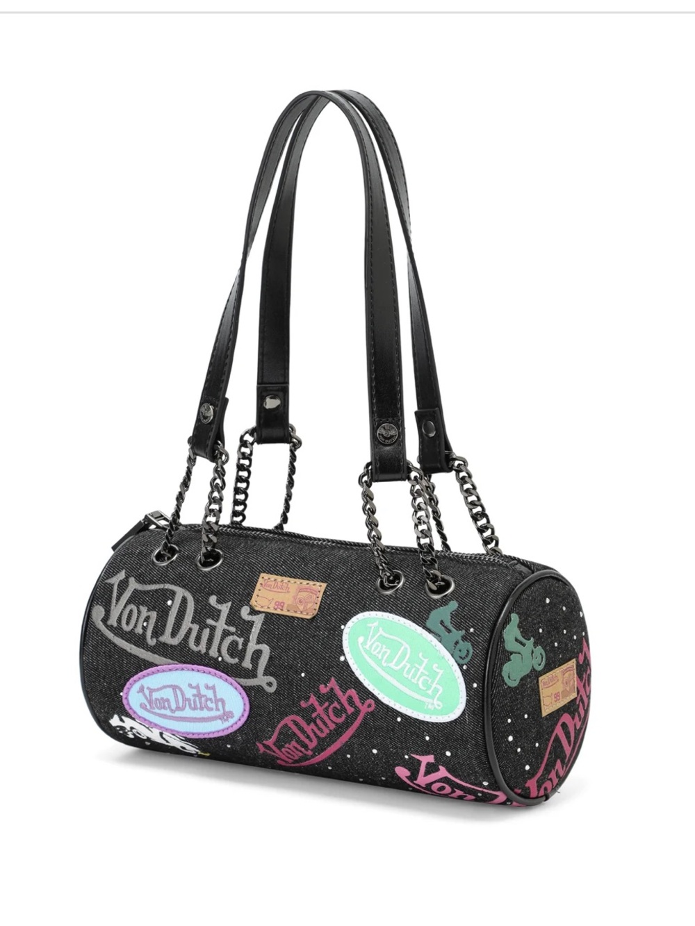 Von Dutch Black Mini Barrel Bag with Pink, Teal and Lavender Logos